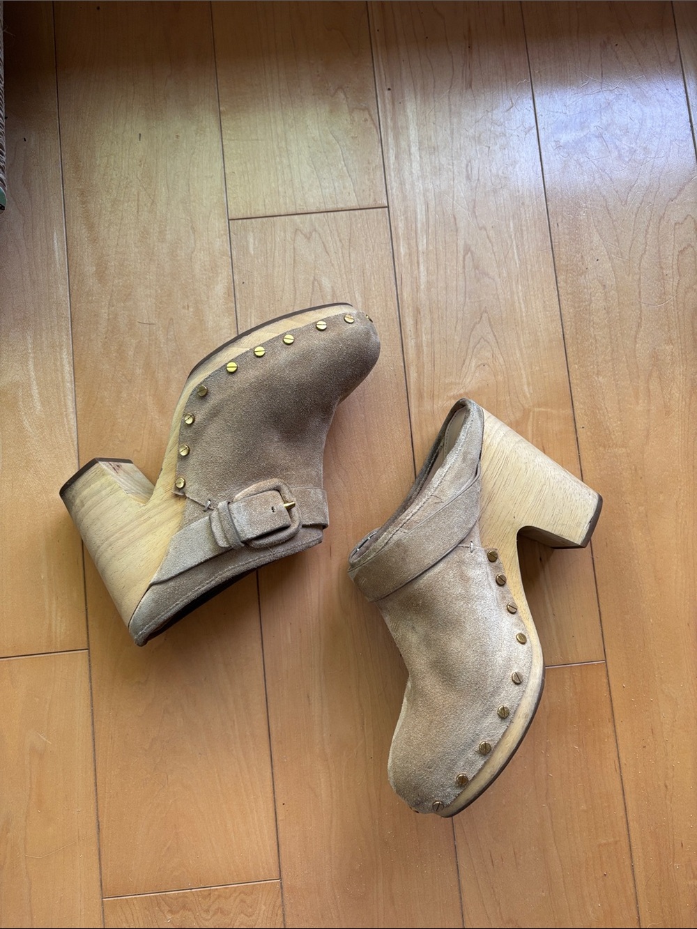 Veronica Beard Tan Suede Studded Clog Mules